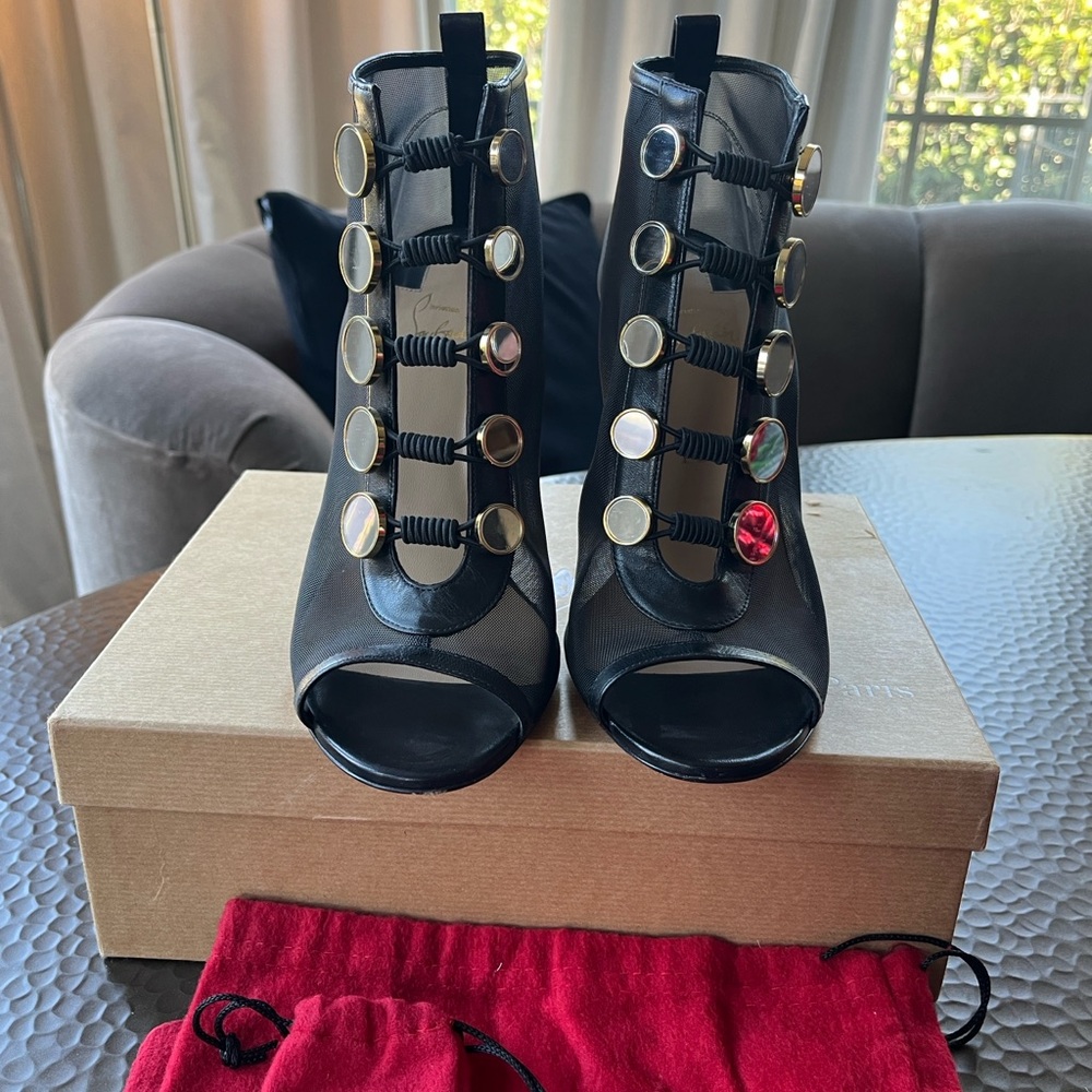 Christian Louboutin Black and Mirror Gold Open-Toe Heel Booties - Picture 6 of 6